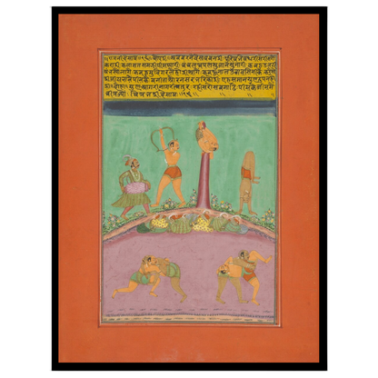 This vibrant Ragamala artwork captures the dynamic energy of athletes and musicians amidst a richly for retreat