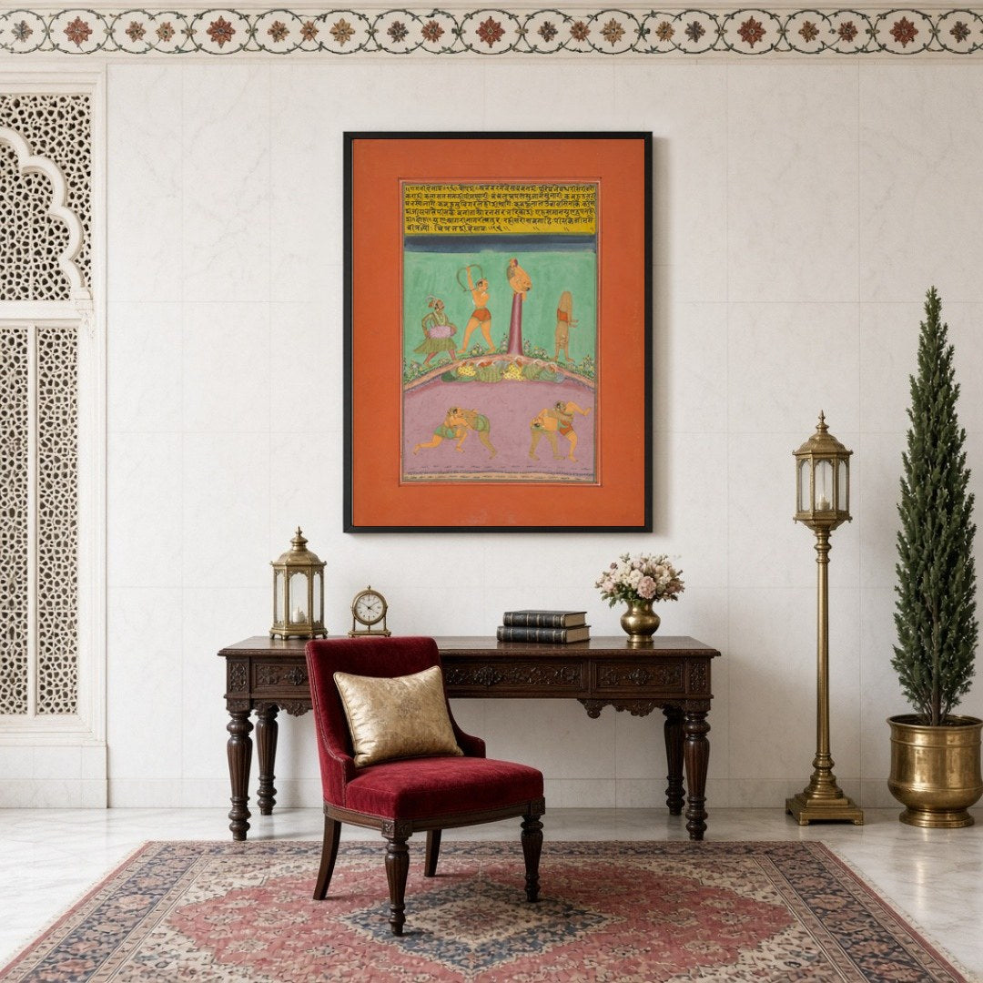This vibrant Ragamala artwork captures the dynamic energy of athletes and musicians amidst a richly for Study