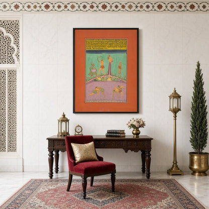 This vibrant Ragamala artwork captures the dynamic energy of athletes and musicians amidst a richly for Study