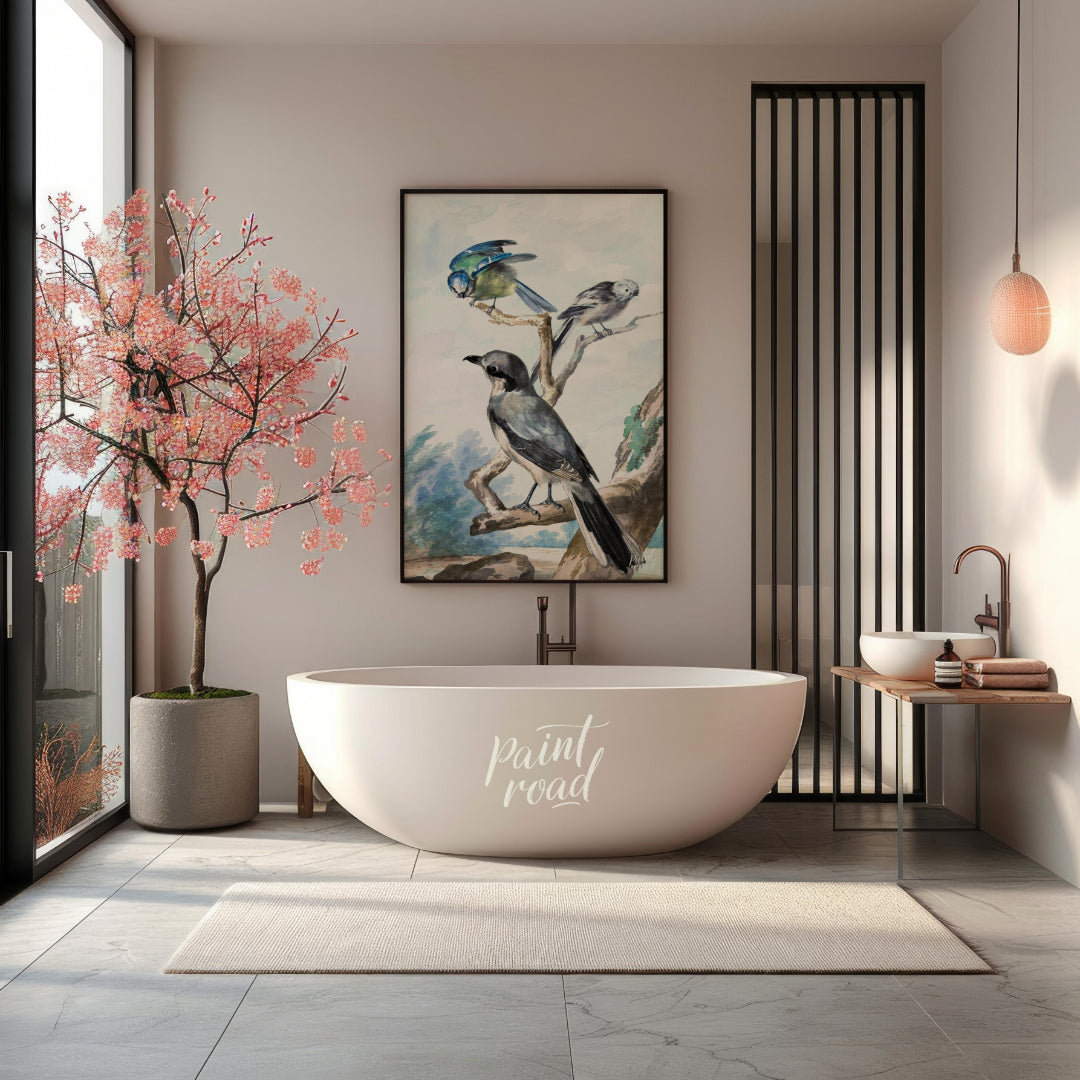 This vintage illustration, reminiscent of Audubon's bird studies, depicts three distinct avian spec… for bathroom