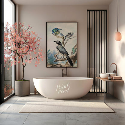This vintage illustration, reminiscent of Audubon's bird studies, depicts three distinct avian spec… for bathroom
