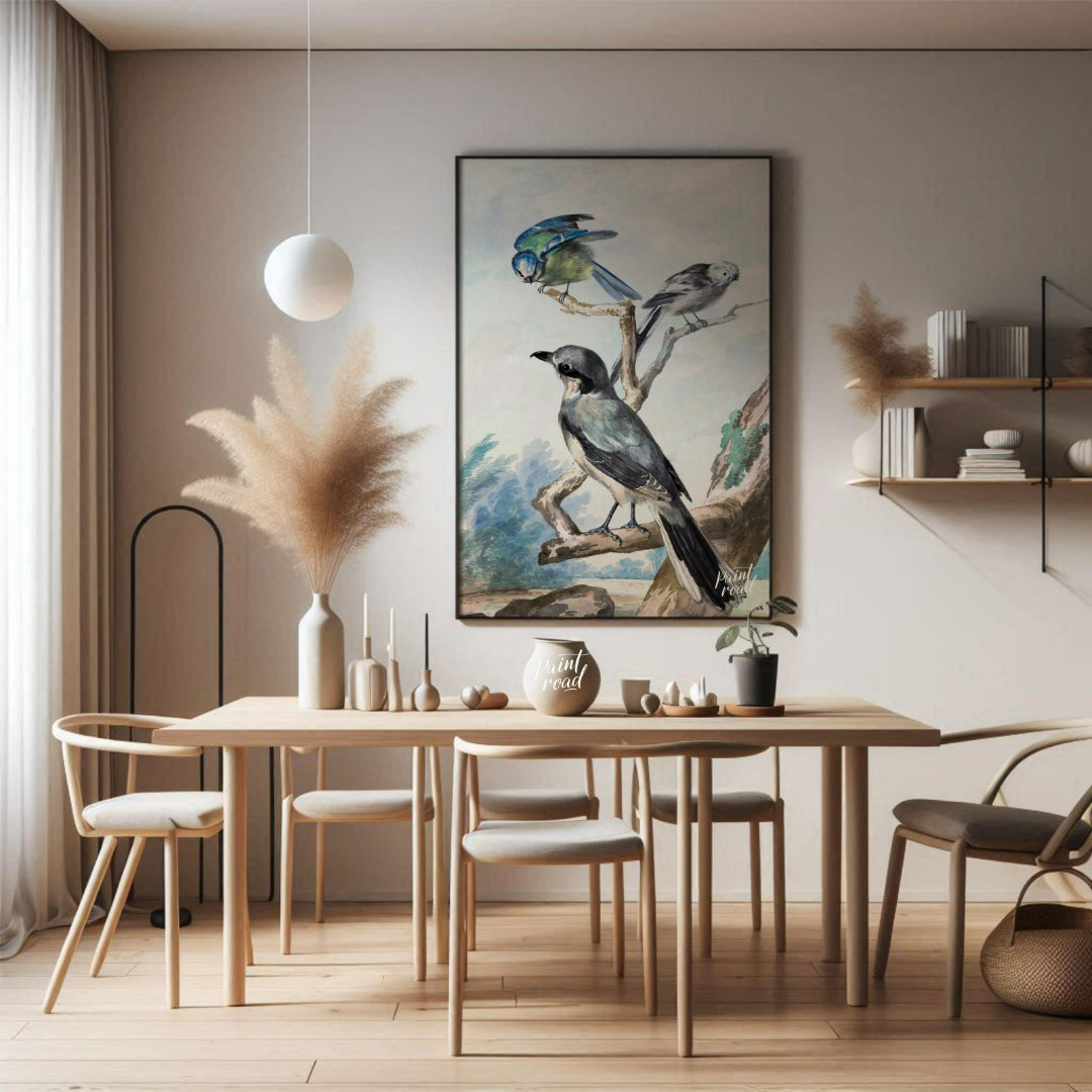 This vintage illustration, reminiscent of Audubon's bird studies, depicts three distinct avian spec… for dining room