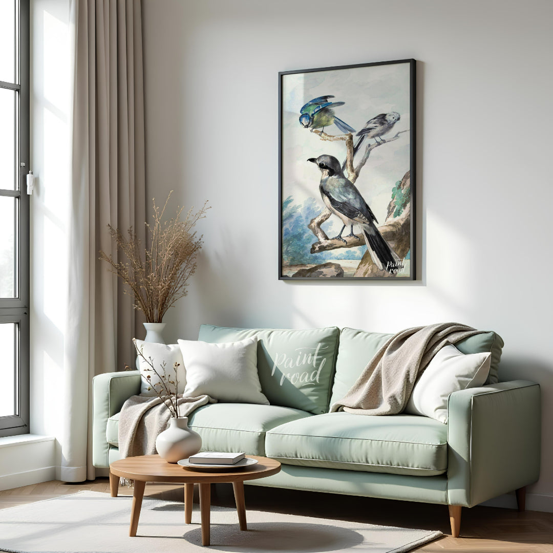 This vintage illustration, reminiscent of Audubon's bird studies, depicts three distinct avian spec… for living room