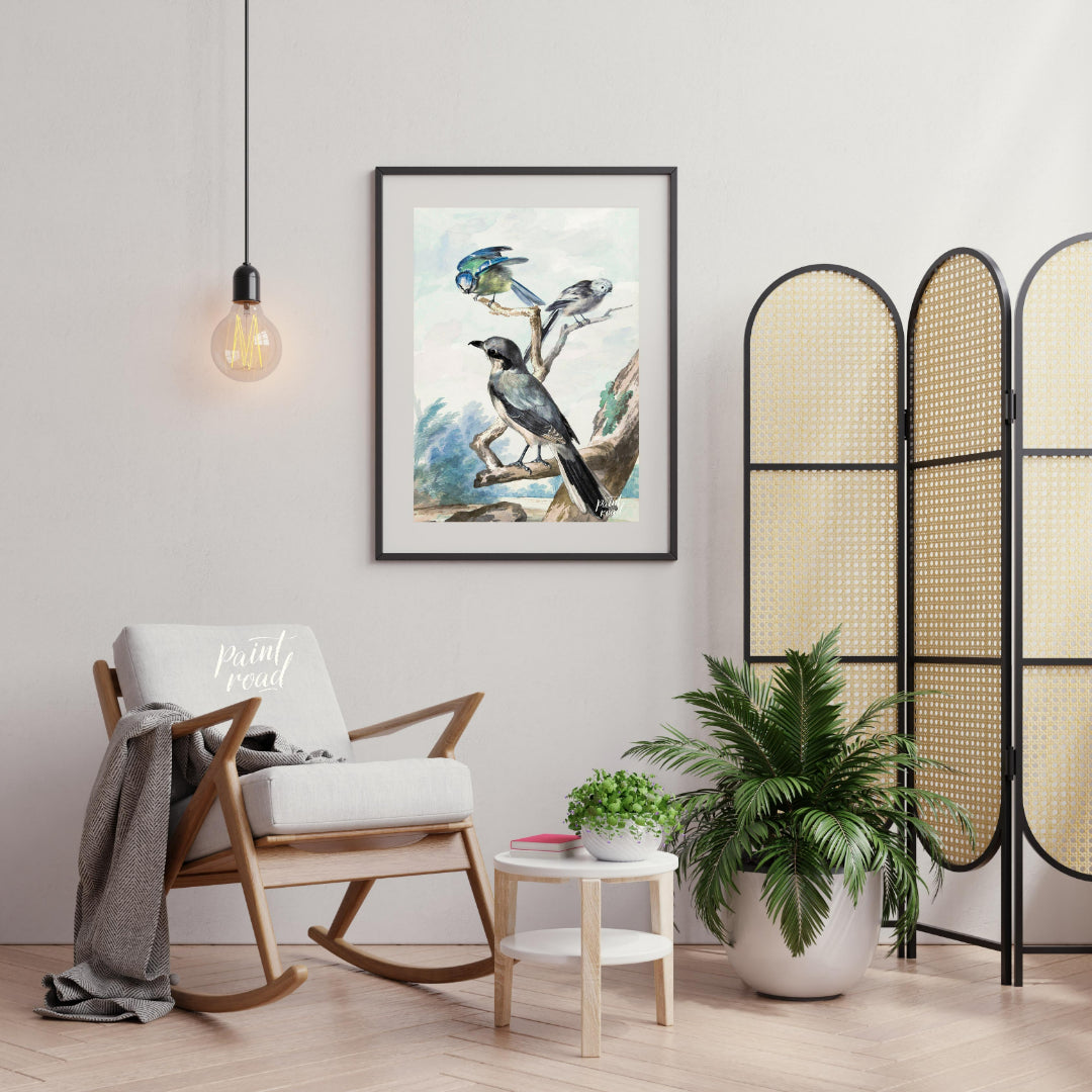This vintage illustration, reminiscent of Audubon's bird studies, depicts three distinct avian spec… for living room