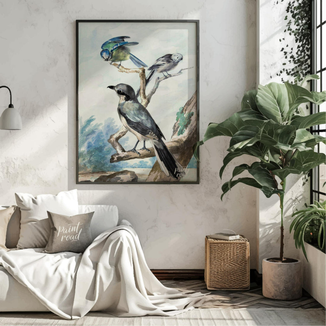 This vintage illustration, reminiscent of Audubon's bird studies, depicts three distinct avian spec… for living room