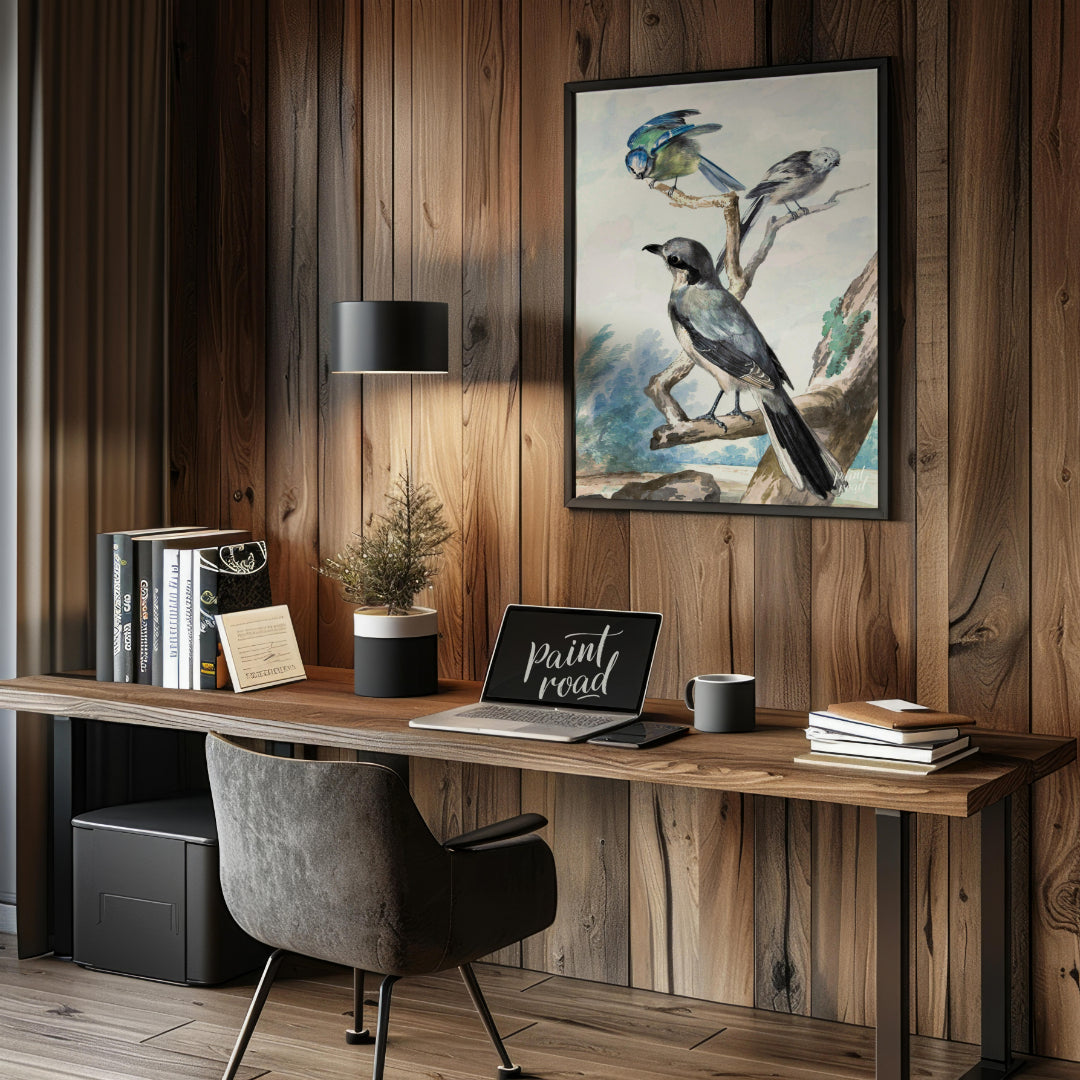 This vintage illustration, reminiscent of Audubon's bird studies, depicts three distinct avian spec… for office