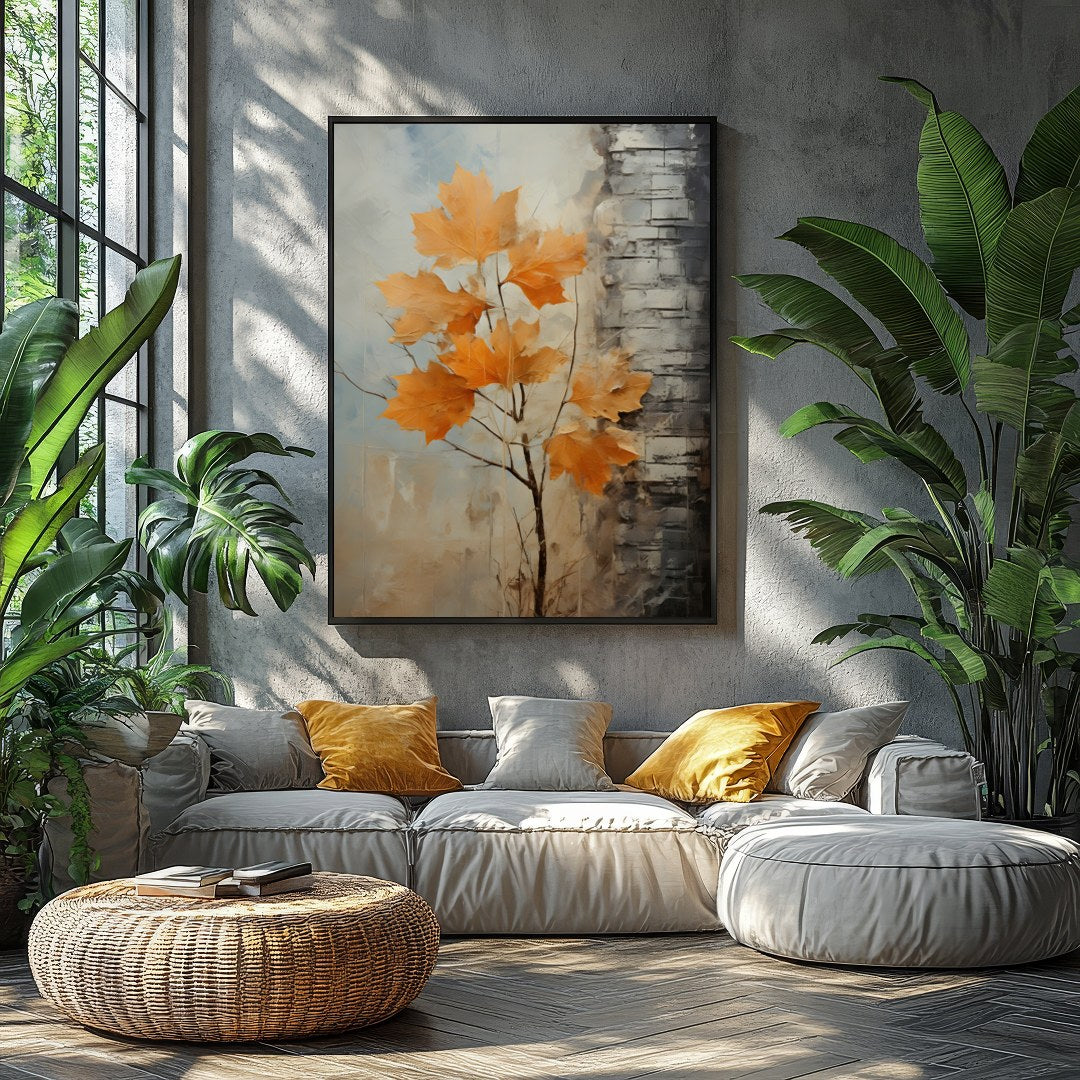 This stunning abstract artwork captures the essence of autumn with its vibrant orange leaves set for Balcony