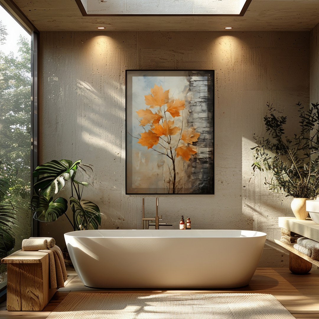 This stunning abstract artwork captures the essence of autumn with its vibrant orange leaves set for Bathroom