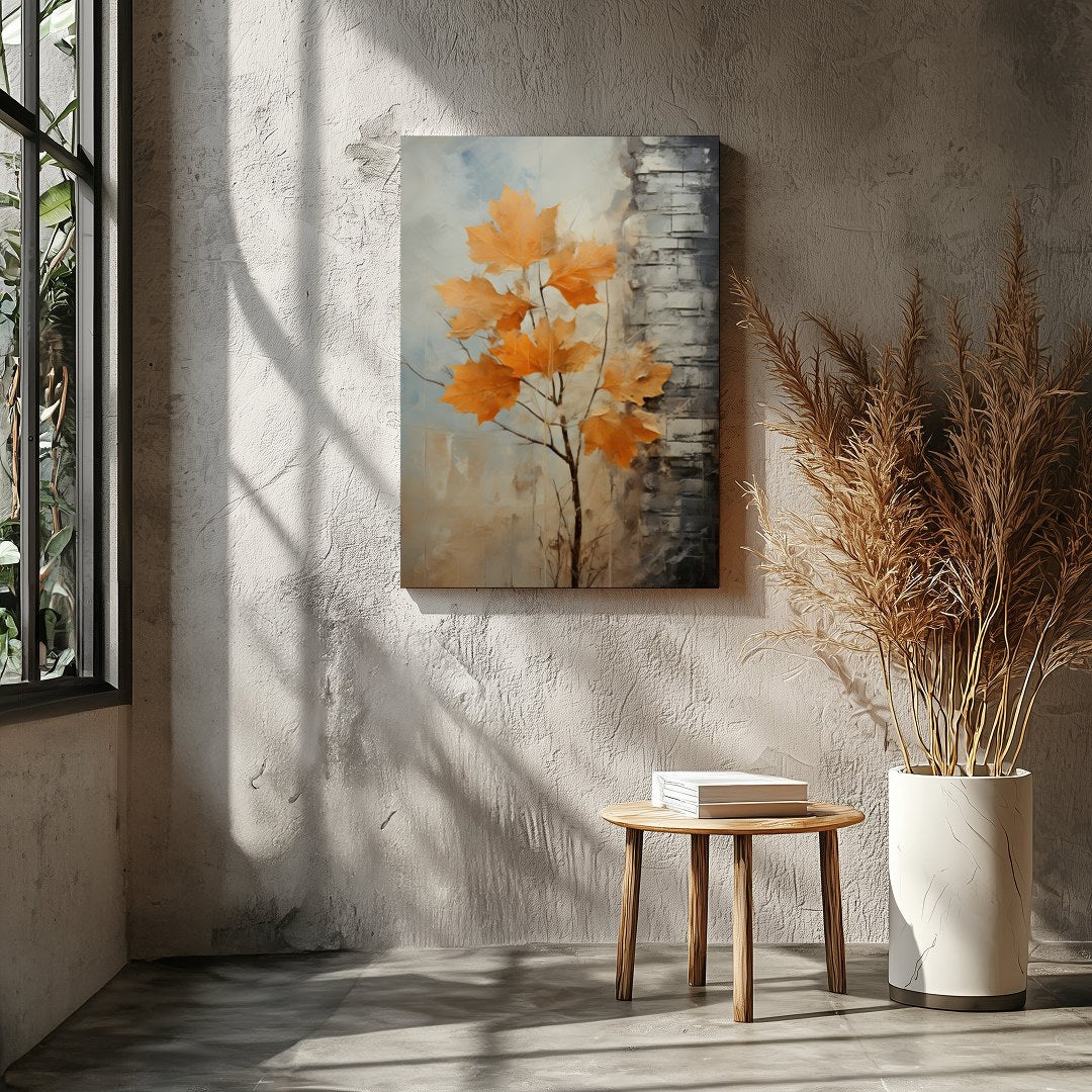 This stunning abstract artwork captures the essence of autumn with its vibrant orange leaves set for Entrance