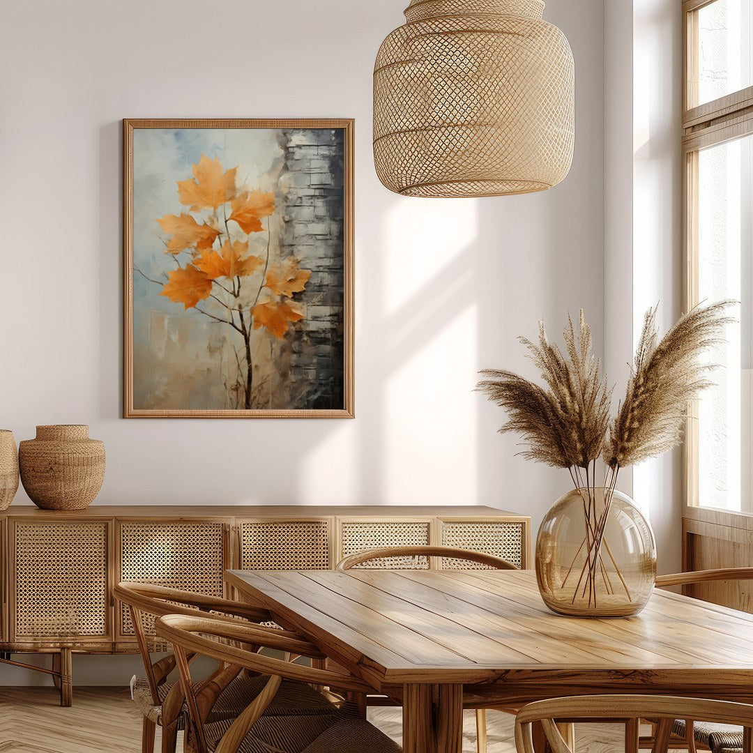 This stunning abstract artwork captures the essence of autumn with its vibrant orange leaves set for Extra Kitchen