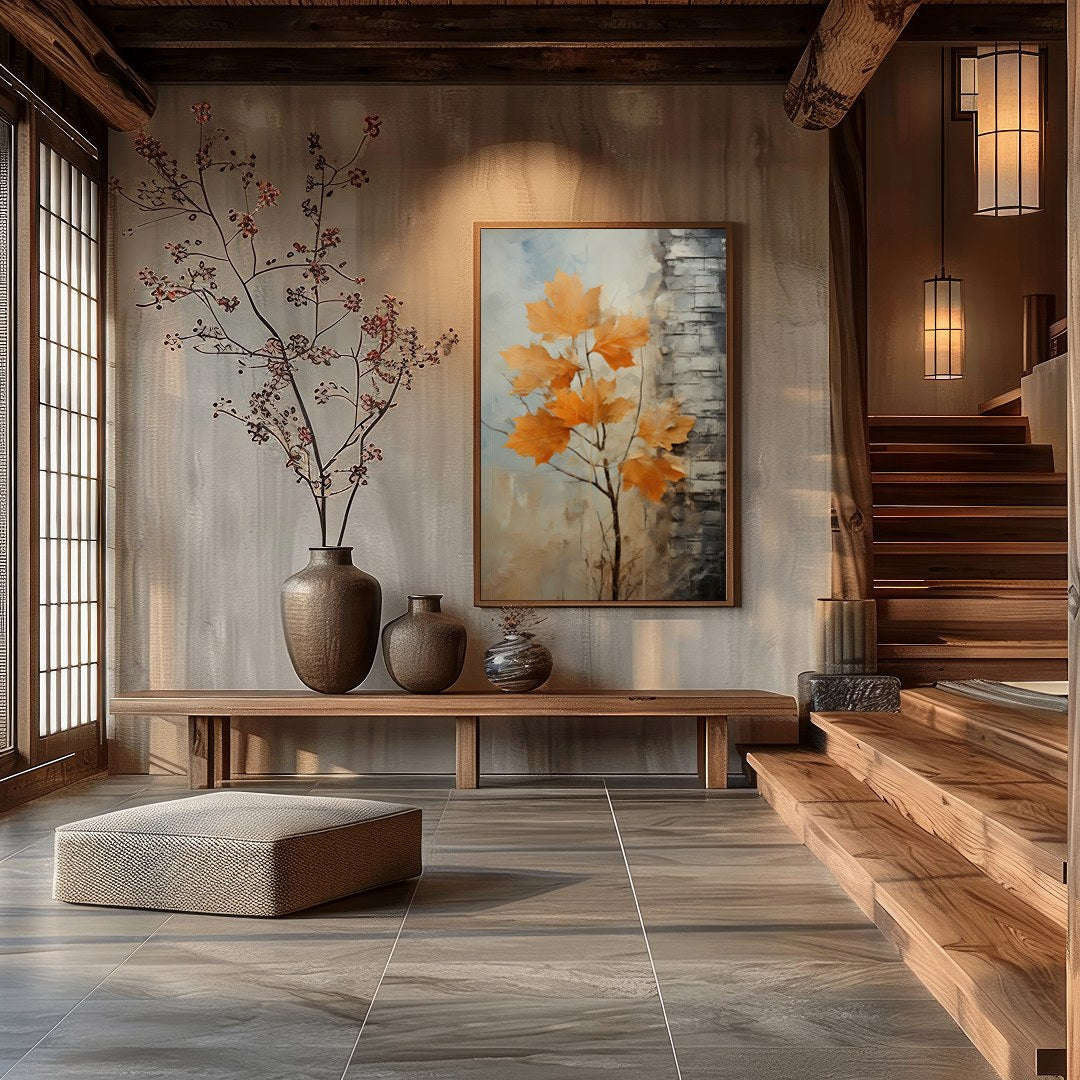 This stunning abstract artwork captures the essence of autumn with its vibrant orange leaves set for Hall