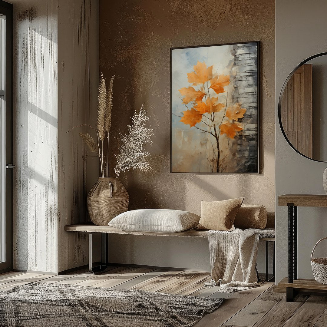 This stunning abstract artwork captures the essence of autumn with its vibrant orange leaves set for house