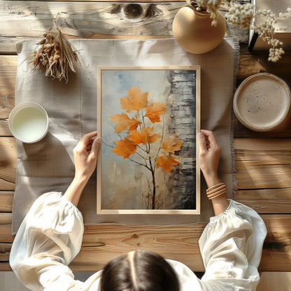 This stunning abstract artwork captures the essence of autumn with its vibrant orange leaves set for Kitchen