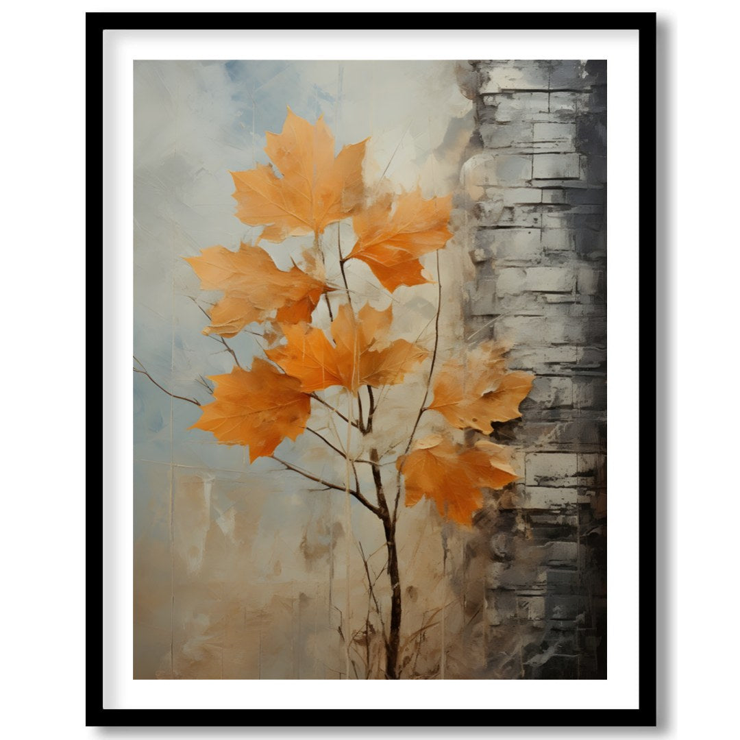 This stunning abstract artwork captures the essence of autumn with its vibrant orange leaves set for nook