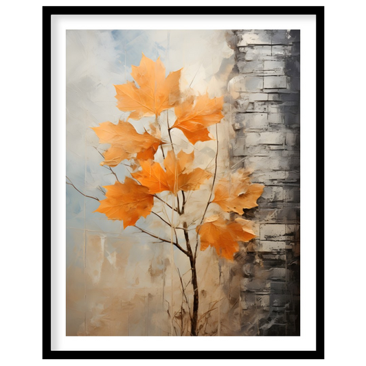 This stunning abstract artwork captures the essence of autumn with its vibrant orange leaves set for nook