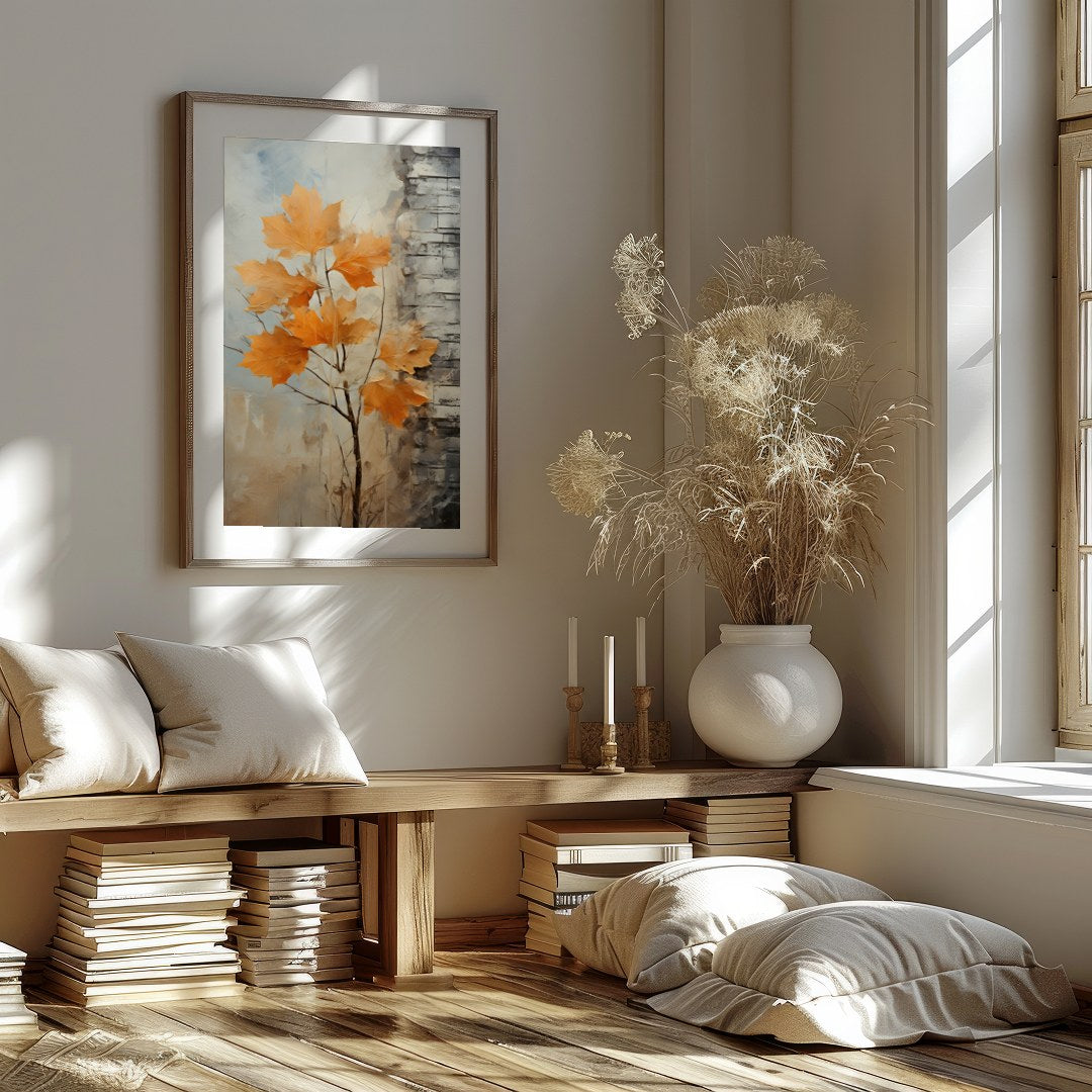 This stunning abstract artwork captures the essence of autumn with its vibrant orange leaves set for residence