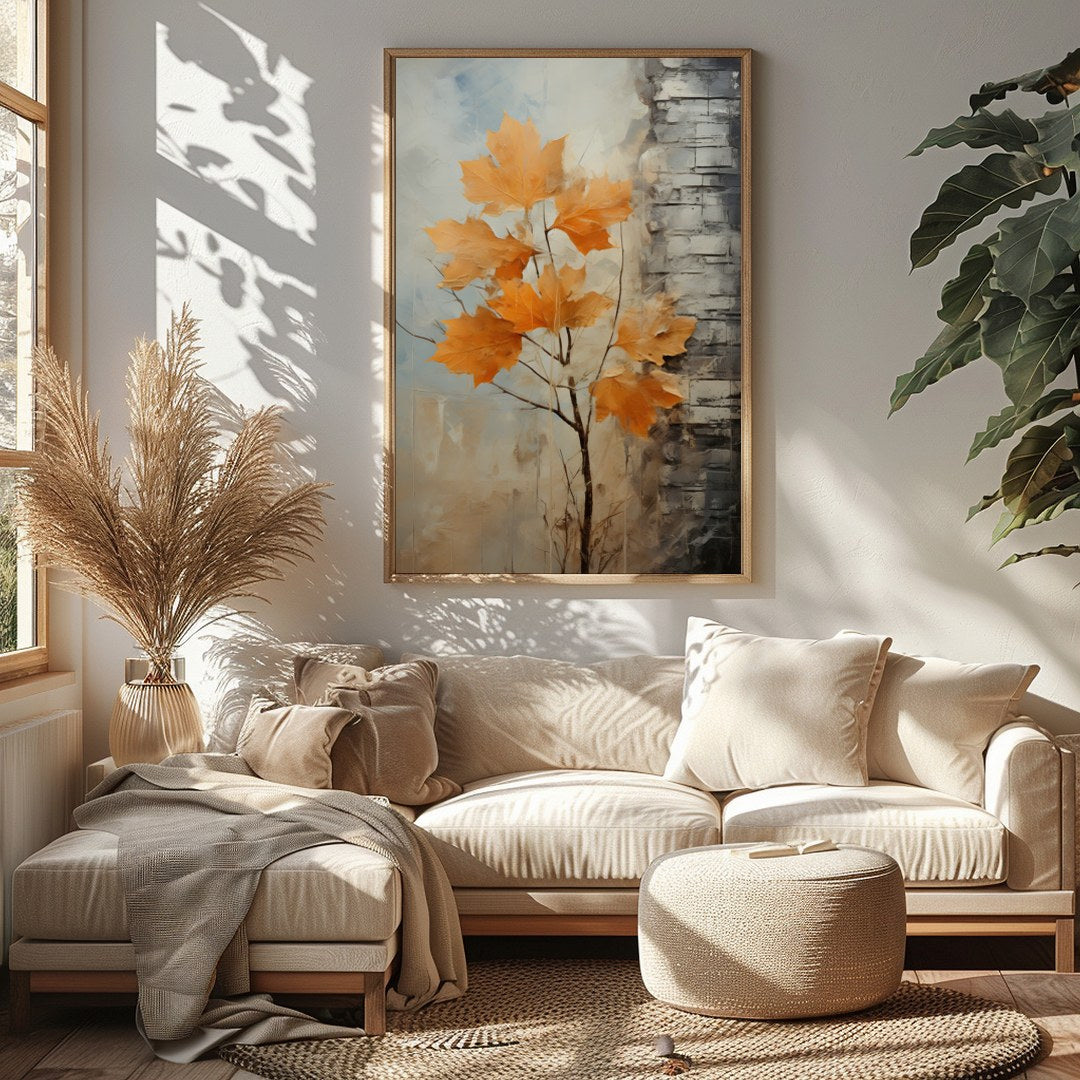 This stunning abstract artwork captures the essence of autumn with its vibrant orange leaves set for Sitting Area