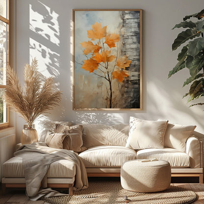 This stunning abstract artwork captures the essence of autumn with its vibrant orange leaves set for Sitting Area