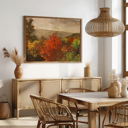 Experience the tranquil beauty of nature with this evocative landscape painting. Rich autumnal for Dining