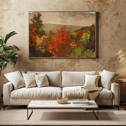 Experience the tranquil beauty of nature with this evocative landscape painting. Rich autumnal for Family Room