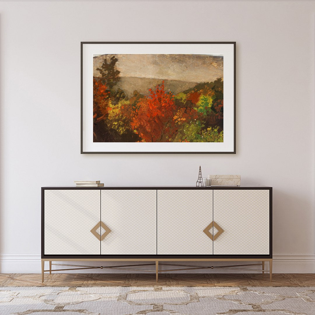 Experience the tranquil beauty of nature with this evocative landscape painting. Rich autumnal for Foyer