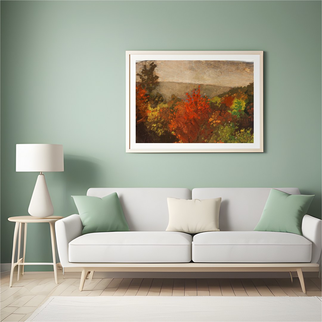 Experience the tranquil beauty of nature with this evocative landscape painting. Rich autumnal for Hall