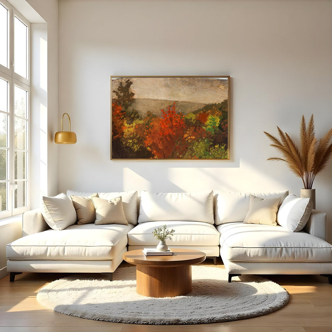 Experience the tranquil beauty of nature with this evocative landscape painting. Rich autumnal for Living Room