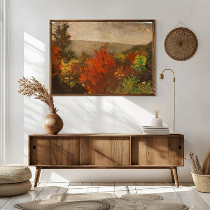Experience the tranquil beauty of nature with this evocative landscape painting. Rich autumnal for Sitting Area