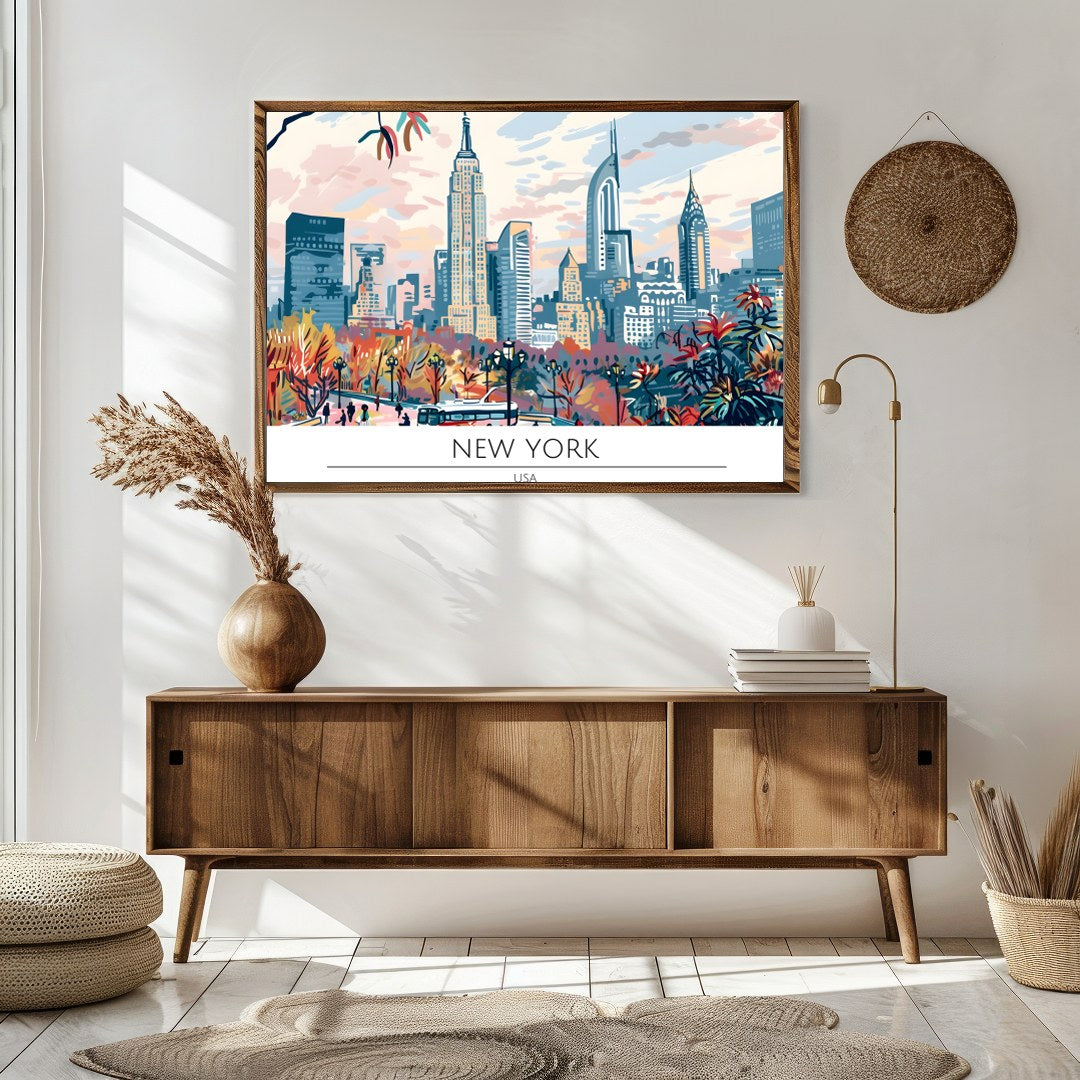 Experience the vibrant essence of New York City with this stunning skyline print, capturing the for Sitting Area
