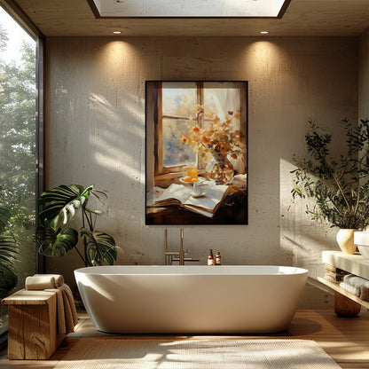 Capture the essence of a crisp autumn morning with this serene still life artwork. Featuring a for Bathroom