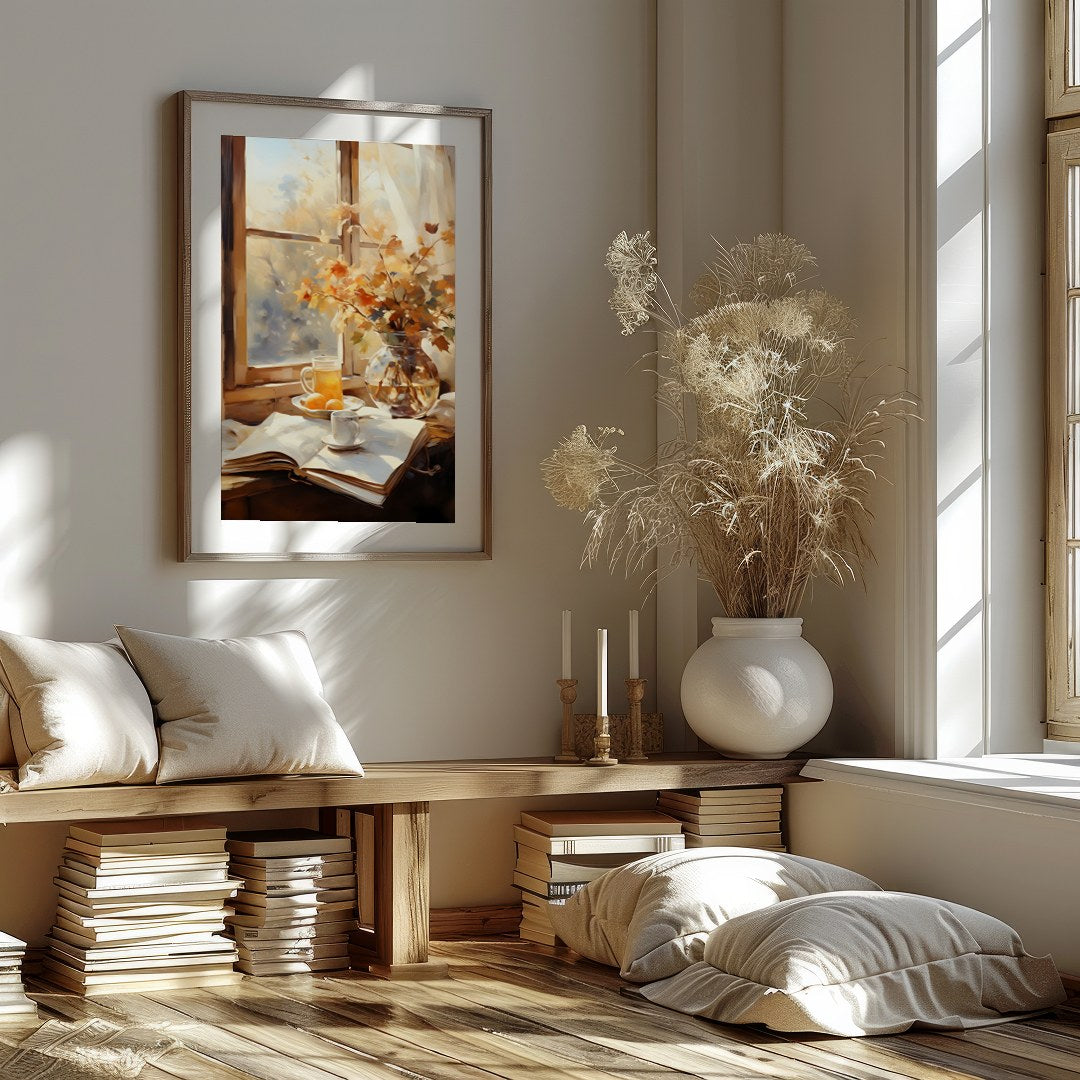 Capture the essence of a crisp autumn morning with this serene still life artwork. Featuring a for gallery