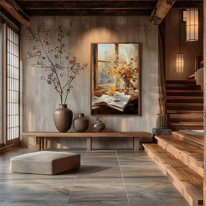 Capture the essence of a crisp autumn morning with this serene still life artwork. Featuring a for Hall