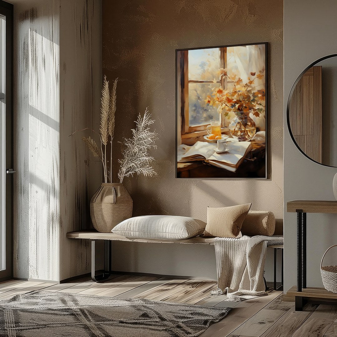 Capture the essence of a crisp autumn morning with this serene still life artwork. Featuring a for haven