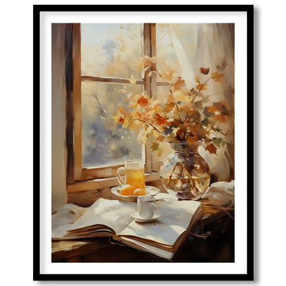 Capture the essence of a crisp autumn morning with this serene still life artwork. Featuring a for kitchen