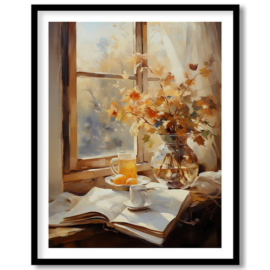 Capture the essence of a crisp autumn morning with this serene still life artwork. Featuring a for kitchen