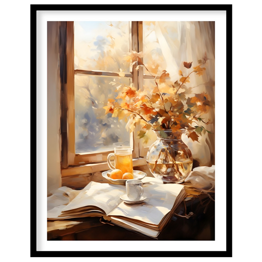 Capture the essence of a crisp autumn morning with this serene still life artwork. Featuring a for kitchen