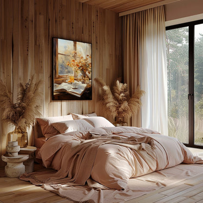 Capture the essence of a crisp autumn morning with this serene still life artwork. Featuring a for Bedroom