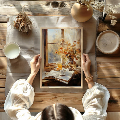Capture the essence of a crisp autumn morning with this serene still life artwork. Featuring a for room