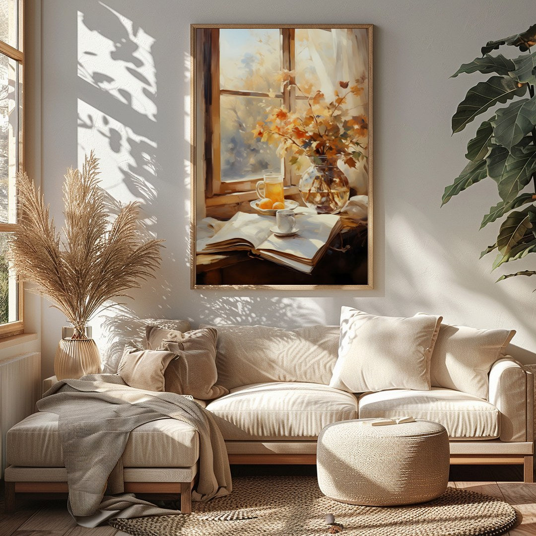Capture the essence of a crisp autumn morning with this serene still life artwork. Featuring a for Sitting Area