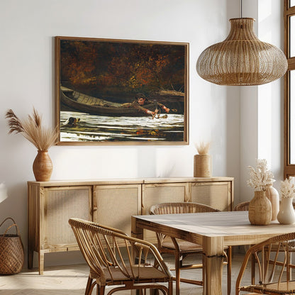 Immerse yourself in the serene beauty of 'Autumn River Quest,' a captivating piece that depicts a for Dining