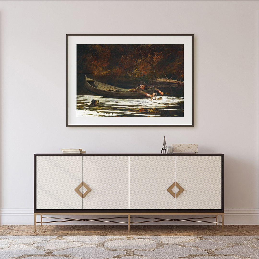 Immerse yourself in the serene beauty of 'Autumn River Quest,' a captivating piece that depicts a for Foyer