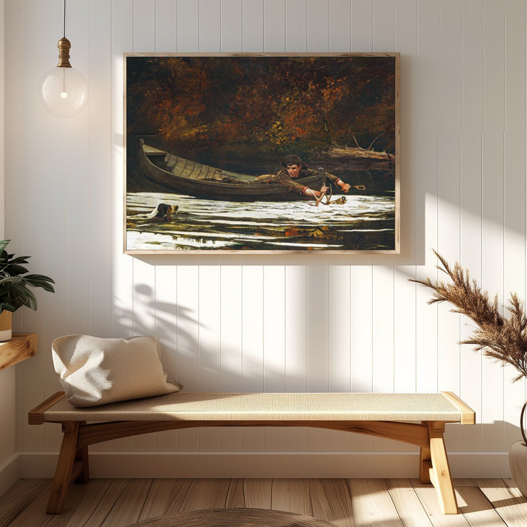 Immerse yourself in the serene beauty of 'Autumn River Quest,' a captivating piece that depicts a for gallery