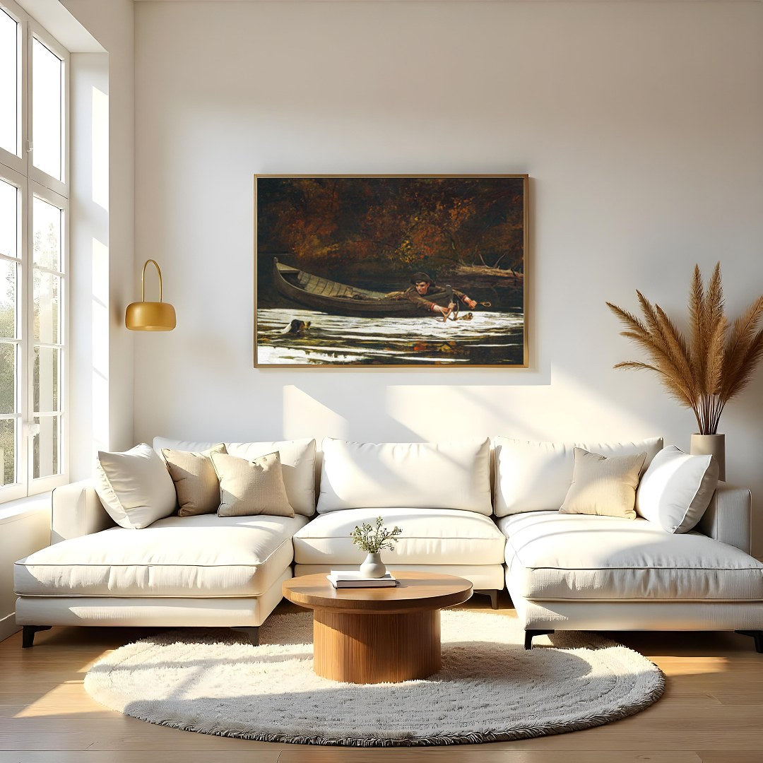 Immerse yourself in the serene beauty of 'Autumn River Quest,' a captivating piece that depicts a for Living Room