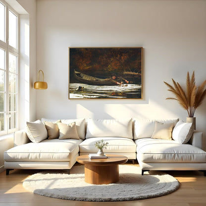 Immerse yourself in the serene beauty of 'Autumn River Quest,' a captivating piece that depicts a for Living Room