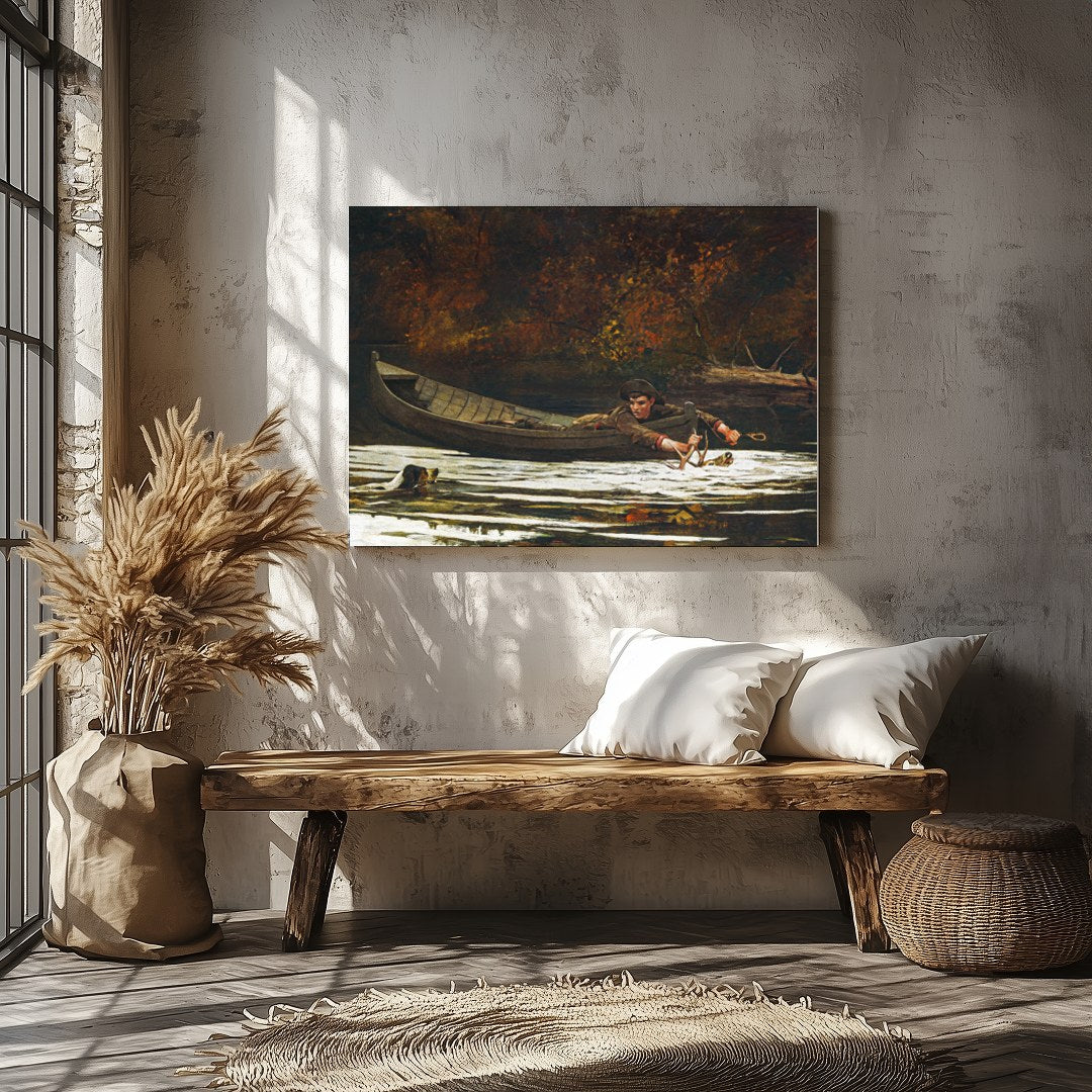 Immerse yourself in the serene beauty of 'Autumn River Quest,' a captivating piece that depicts a for Veranda
