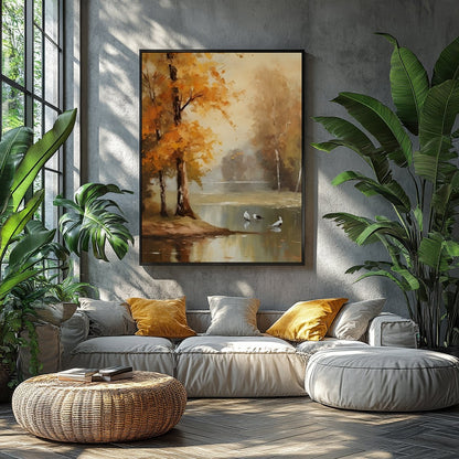 Immerse yourself in the tranquil beauty of 'Autumn Serenity by the Lake'. This exquisite piece for Balcony