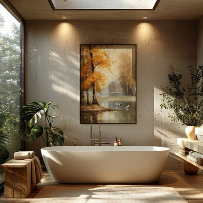 Immerse yourself in the tranquil beauty of 'Autumn Serenity by the Lake'. This exquisite piece for Bathroom