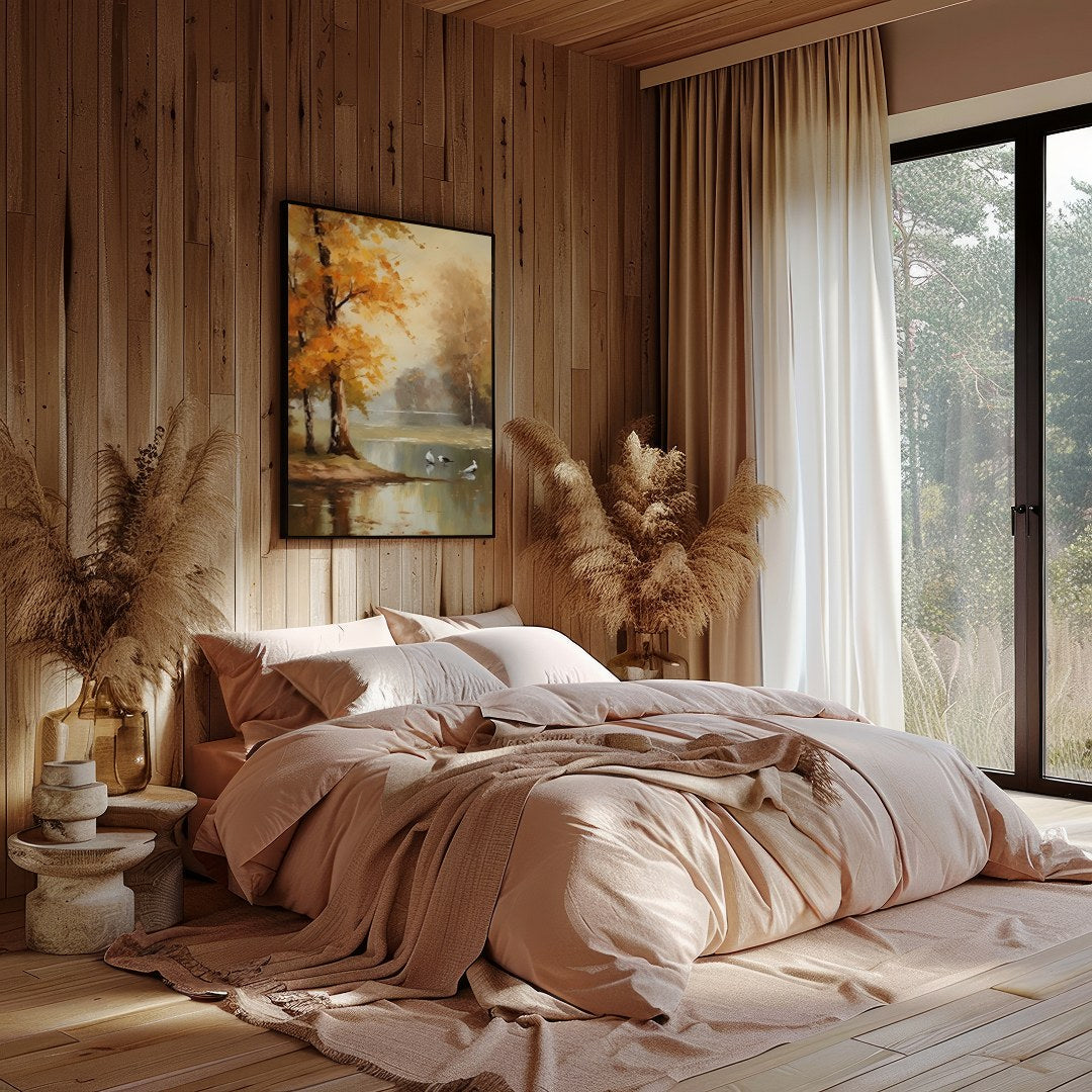 Immerse yourself in the tranquil beauty of 'Autumn Serenity by the Lake'. This exquisite piece for Bedroom