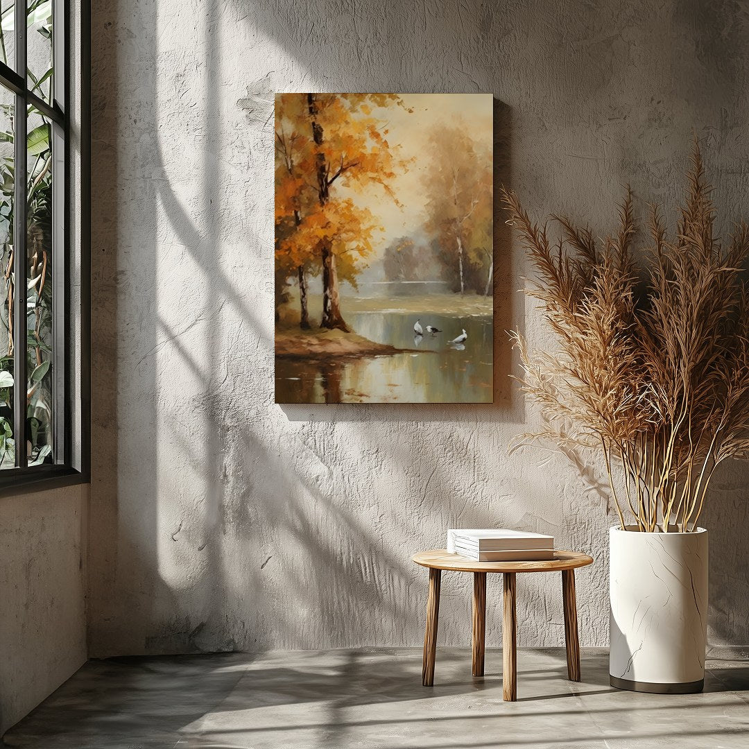 Immerse yourself in the tranquil beauty of 'Autumn Serenity by the Lake'. This exquisite piece for Entrance