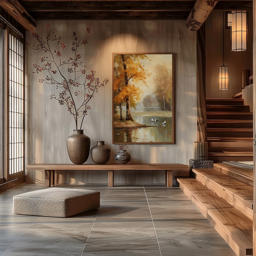 Immerse yourself in the tranquil beauty of 'Autumn Serenity by the Lake'. This exquisite piece for Hall